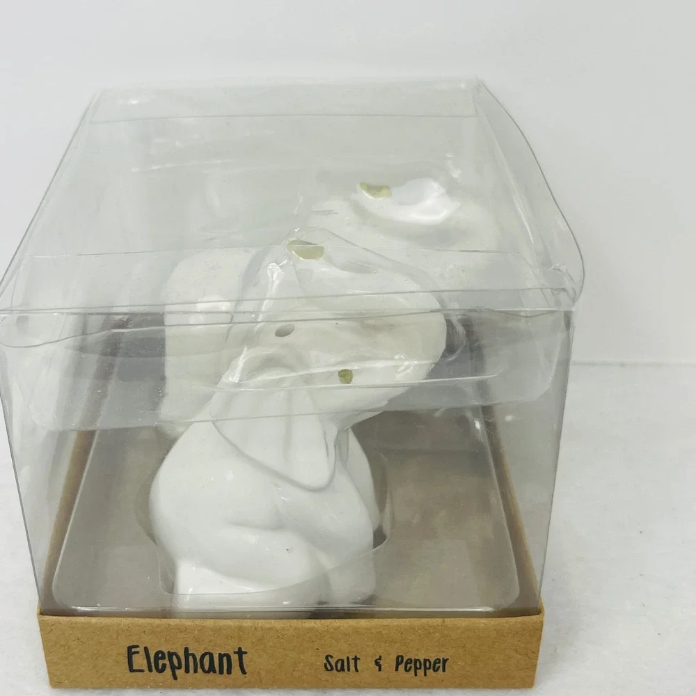 White Ceramic Elephant Salt and Pepper Shaker Set Gold Accents New in Box